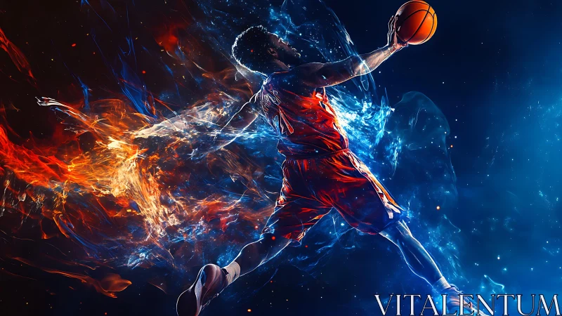 Kinetic basketball dunk with dual elemental energy trails.