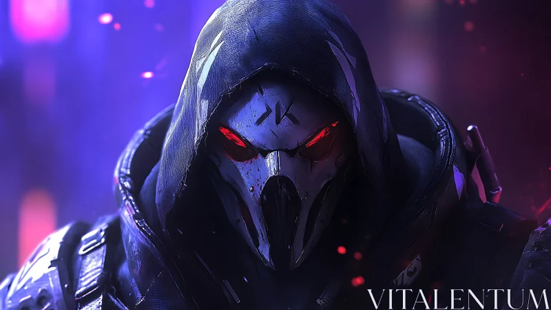 Cybernetic reaper in neon-lit darkness stares ahead.