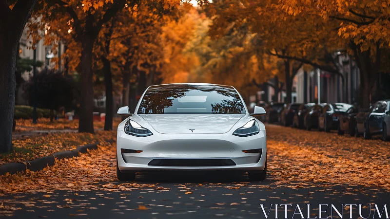 Sleek white EV glides through a quiet, leaf-strewn autumn street