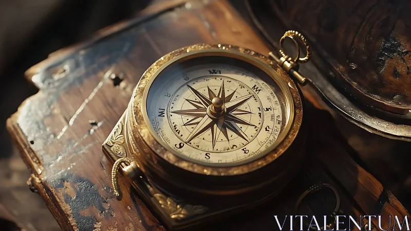 Brass nautical compass rests on worn wooden surface