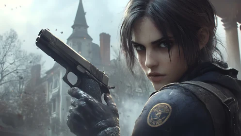 Determined young agent stands ready in a misty old town.