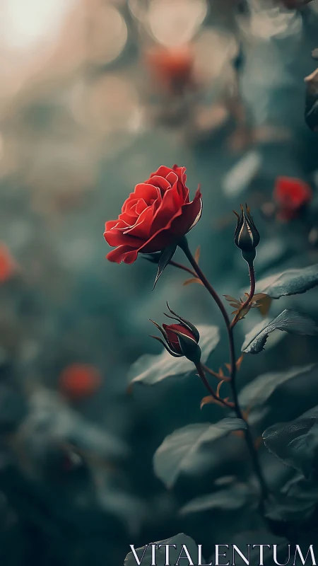 Solitary scarlet rose in cinematic shallow focus glow.