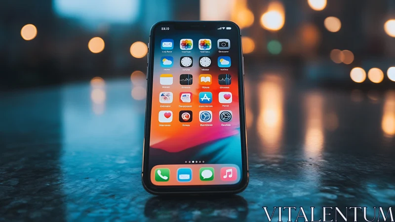 iPhone Home Screen App Grid Against Blurred City Bokeh.