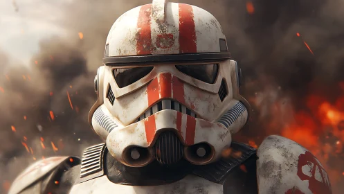 Battle-worn sci-fi trooper helmet stands against erupting fire