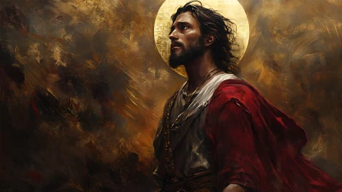 Dramatic haloed figure rendered in luminous oil-style brushwork