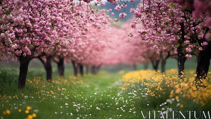 Pink flowering trees frame meadow with yellow wildflowers blooming