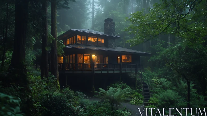 Glowing Refuge: Modern Home Nestled in Misty Forest.