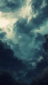 Stormborn valley under breathing clouds of teal light.