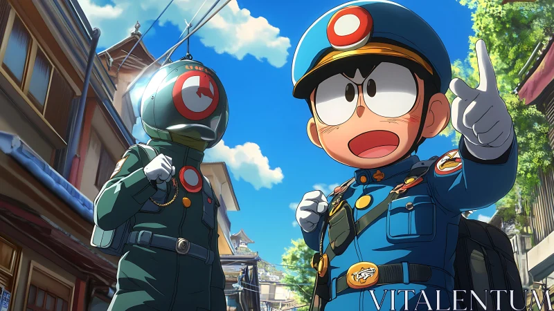 Tiny street officers rally under a sky of cartoon-blue resolve