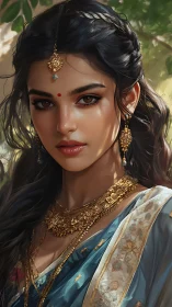 Regal Indian woman gazes forward in ornate gold jewelry