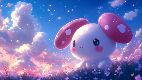 Dreamy bunny creature beneath glowing pastel sunset sky.