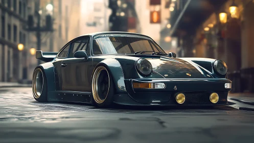 Low-slung retro sports car rendered in cinematic city light.