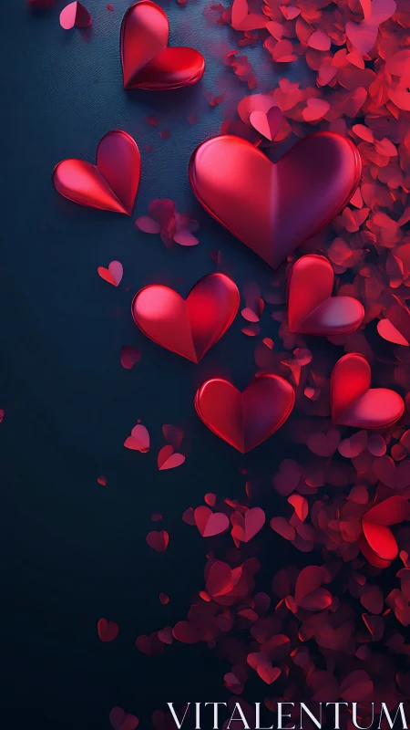 Three-Dimensional Crimson Heart Forms Cascading Across Deep Navy Substrate.