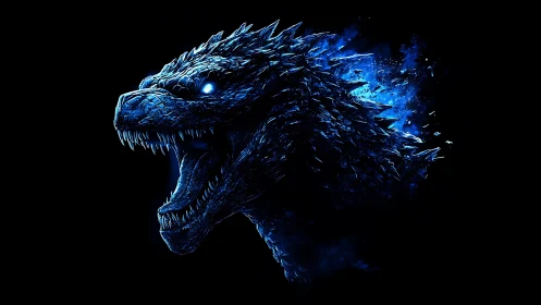 Blue illuminated kaiju profile with glowing eyes and spines.