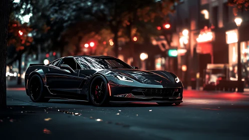 Black sports car parked on empty neon city street at night.