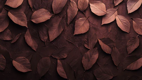 Brown dried leaves arranged on textured dark surface.
