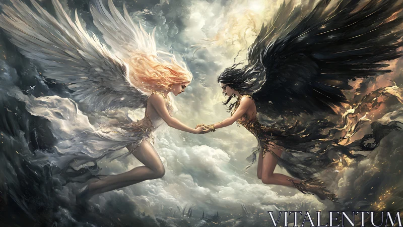 Luminous white and obsidian-winged angels in aerial standoff.