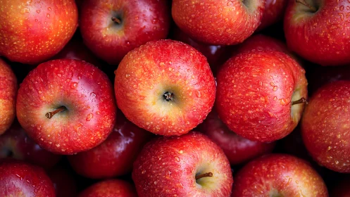 Close-up overhead view documents wet red apples in bulk