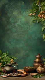 Rustic still life arranges herbs and earthenware against teal ground