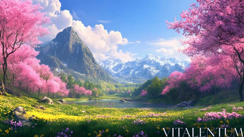 Spring valley unfolds beneath towering snowcapped peaks