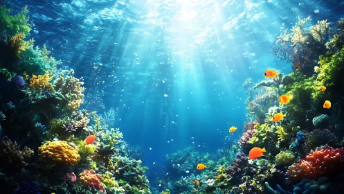 Sunlit coral reef scene shows fish swimming among dense corals