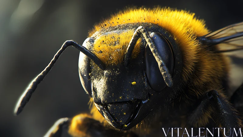 Golden bee close-up with shimmering pollen dusted face.