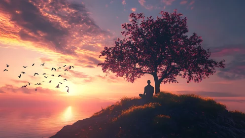 Sunset sage beneath blossom tree watching sky-borne freedom.