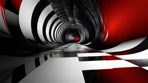 Futuristic Abstract Tunnel with Red and Black Geometric Patterns.