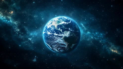 Our glowing blue Earth drifts peacefully in the cosmic dark