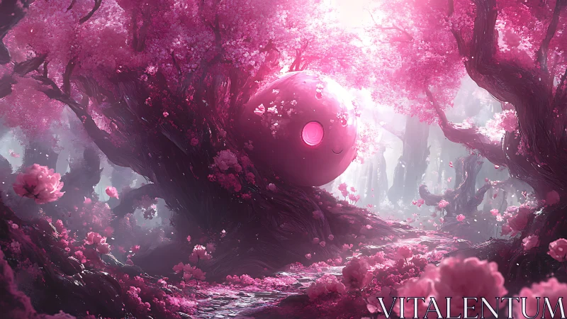 Gentle pink forest spirit resting beneath blooming boughs.