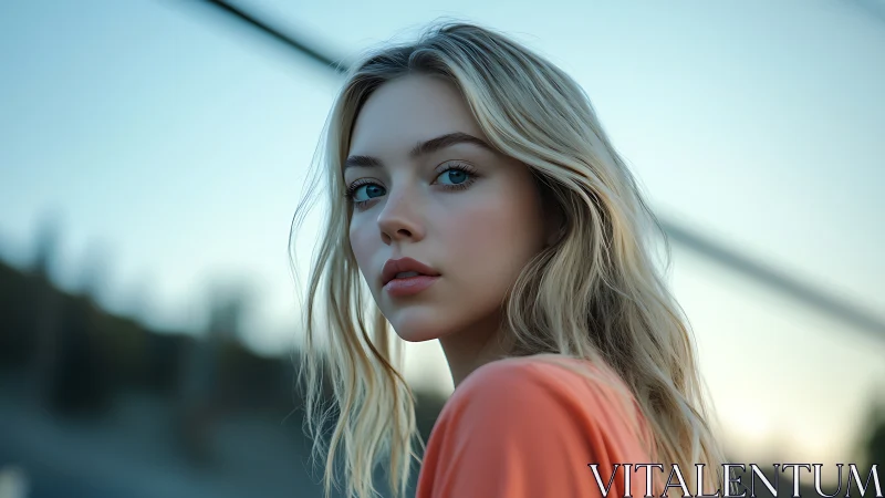 Soft evening portrait of blonde woman in serene outdoor light.