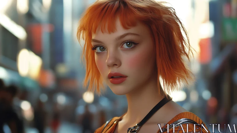 Cinematic portrait with orange bob on blurred city street.