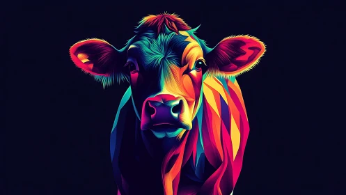 Neon-colored cow portrait rendered in angular vector shapes