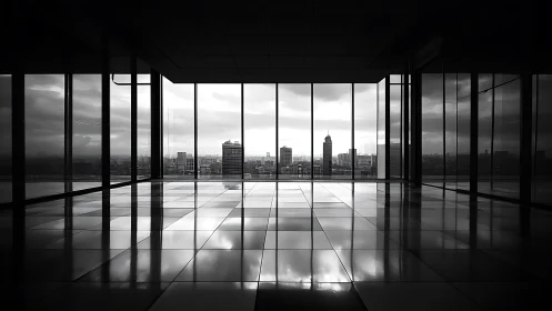 Monochrome high-rise interior frames reflective city skyline