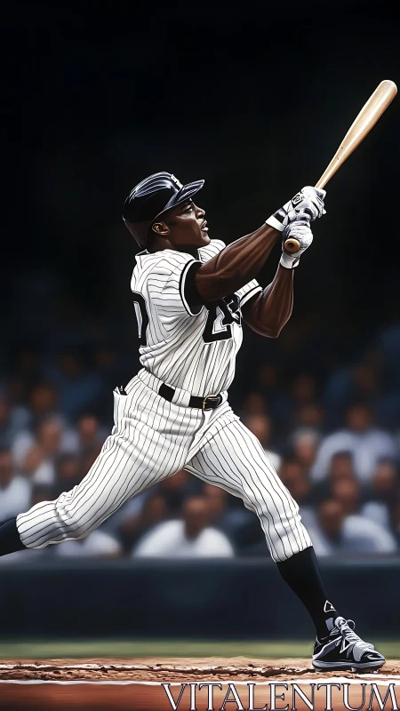 Baseball batter in striped uniform completing powerful swing.