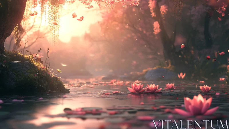 Lotus pond glows under soft golden sunset haze.