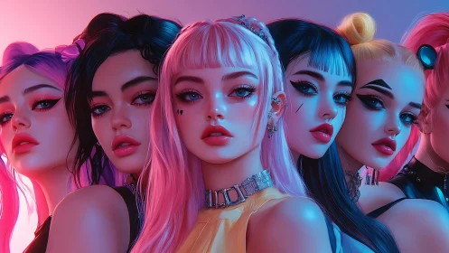 Digital portrait shows five stylized women in gradient lighting