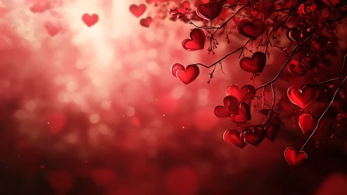 Heart Shapes Suspended on Branches Against Gradient Background
