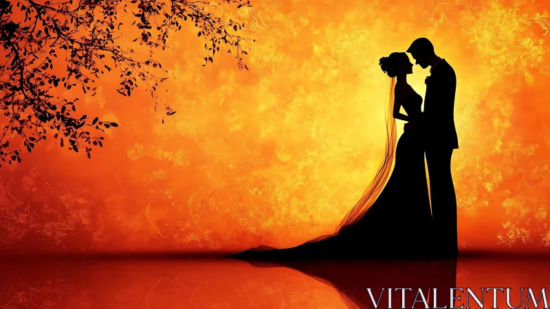 Bride and Groom Silhouetted Against Golden Sunset.