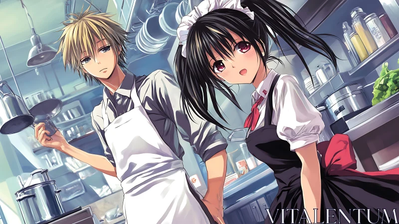 Anime café staff stand in bright stainless steel kitchen