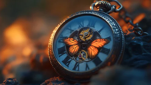 Mechanical pocket watch with luminous butterfly escapement glows