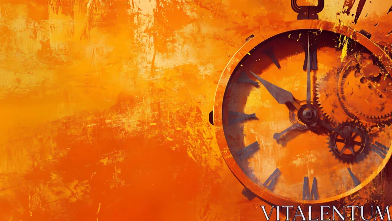 Rust-toned clockwork against abstract orange textures.