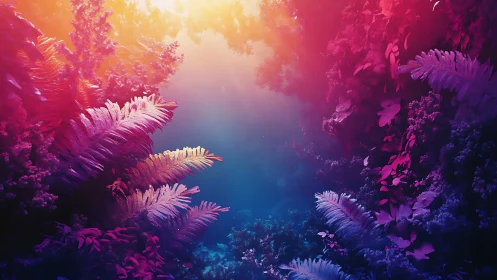 Radiant dreamlike forest glows in rich neon twilight hues