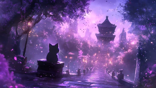 Midnight cat sentinel over violet temple stairway.