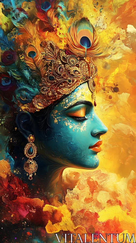 Peacock crowned dream goddess in swirling cosmic pigments.