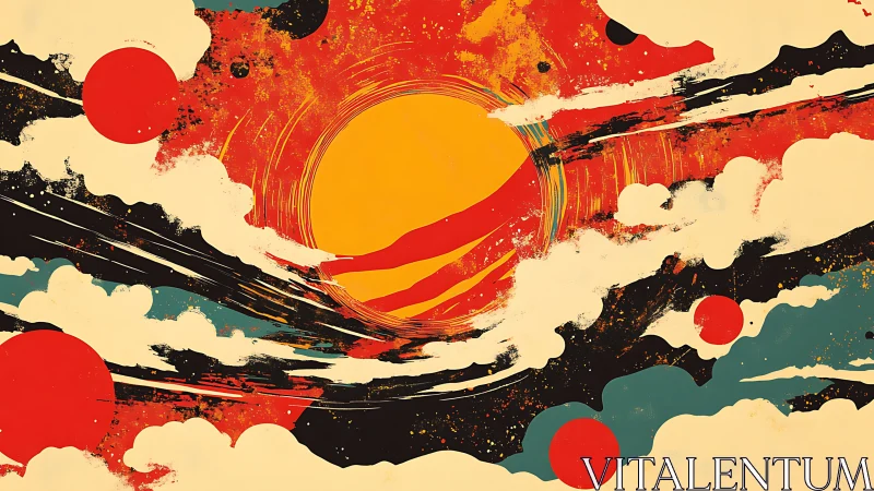 Solar jazz across painted clouds and bold red orbits.