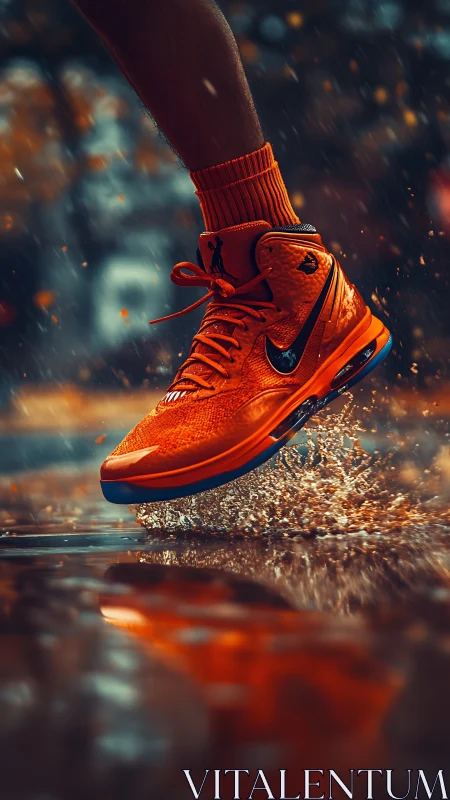 Dynamic orange running sneaker splashes through glowing rain.