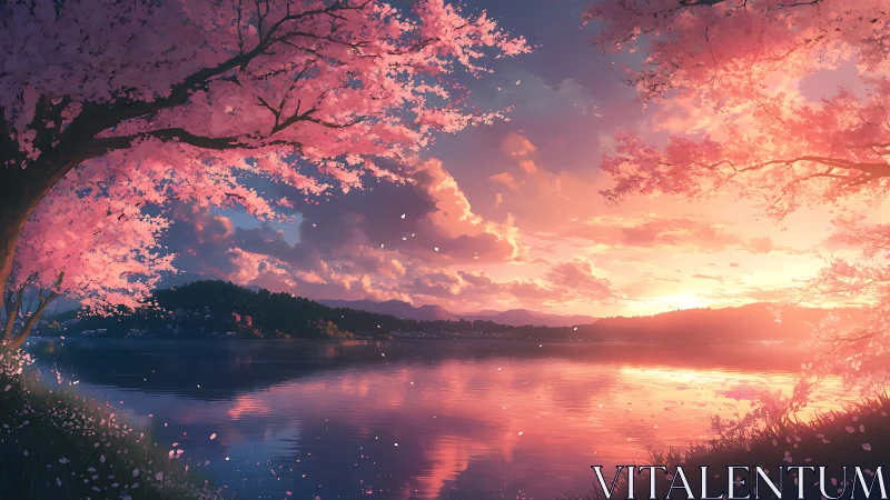 Sunset cherry blossoms glow above a tranquil reflective lake.