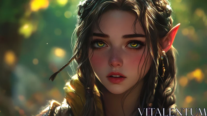 Digital painting portrait of elven girl in bokeh forest light.