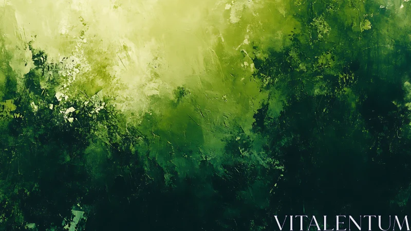 Green tonal abstract landscape with layered textured fields.